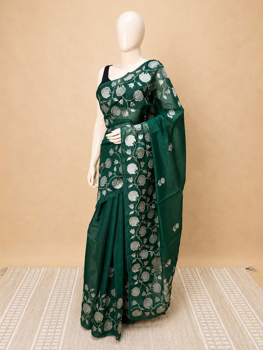 Green Chanderi Applique Work Saree