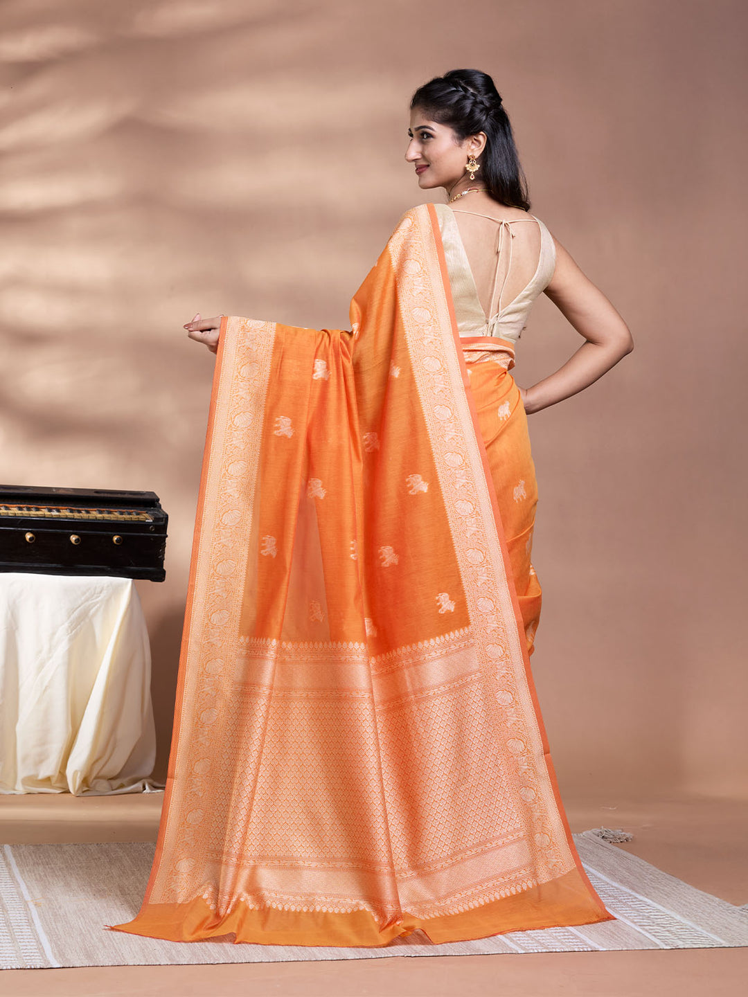 Orange Resham Weave Mulmul Cotton Saree_5