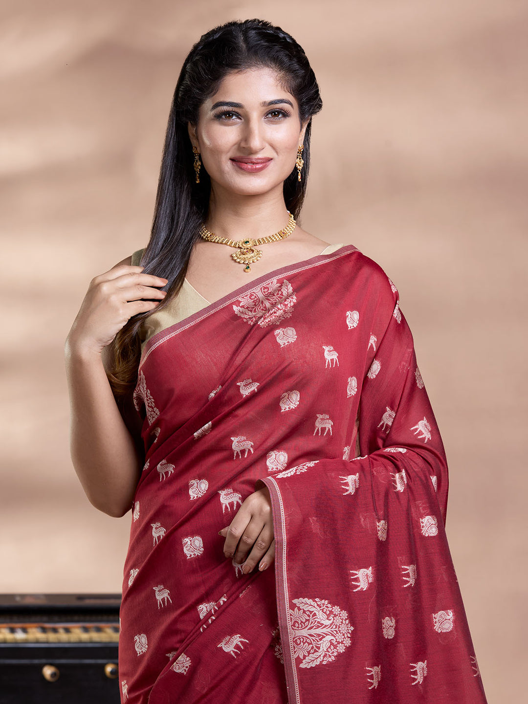 Brown Resham Weave Mulmul Cotton Saree_4