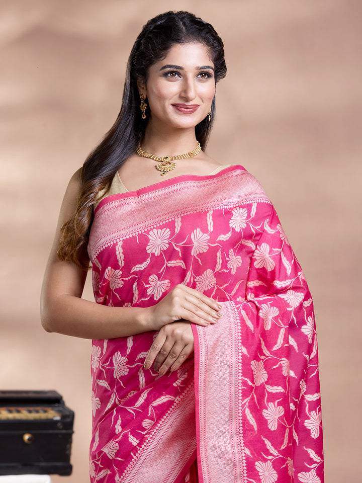 Rani Pink Resham Weave Mulmul Cotton Saree