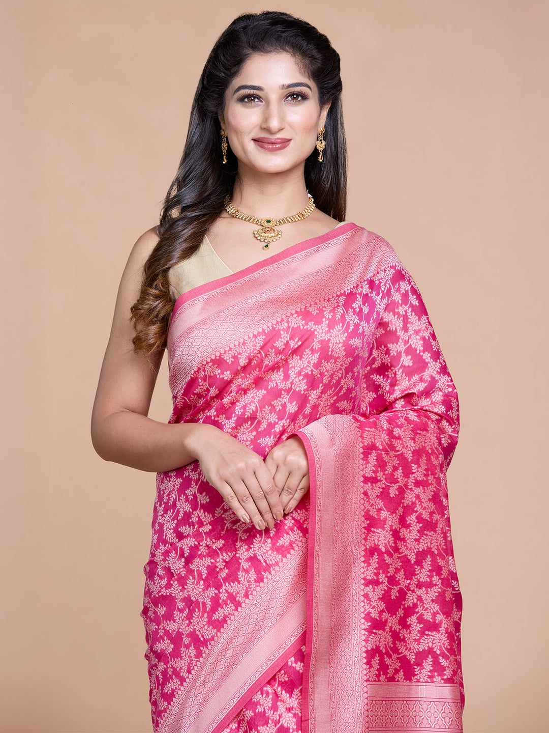 Rani Pink Resham Weave Mulmul Cotton Saree_4