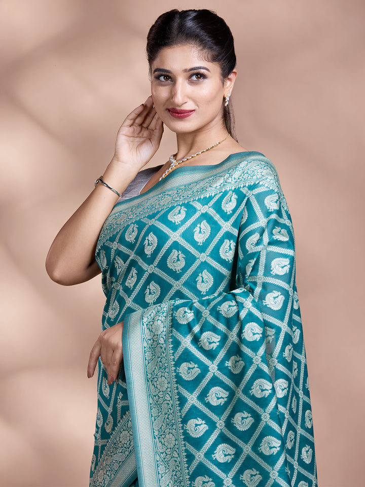 Green Resham Weave Mulmul Cotton Saree