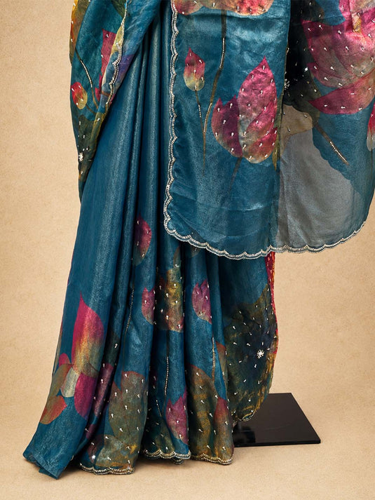Blue Satin Tissue Embroidered Saree