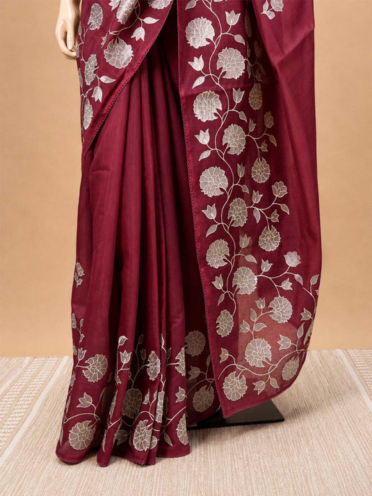 Maroon Chanderi Applique Work Saree