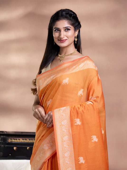 Orange Resham Weave Banarasi Cotton Saree