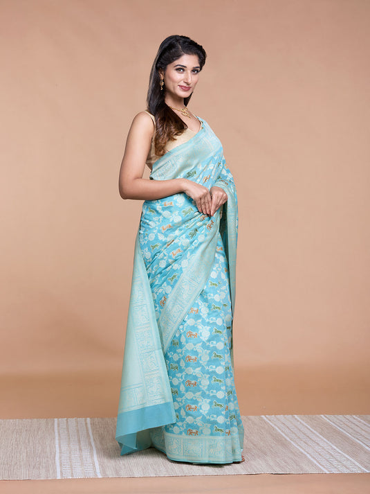 Firozi Resham Weave Banarasi Cotton Saree