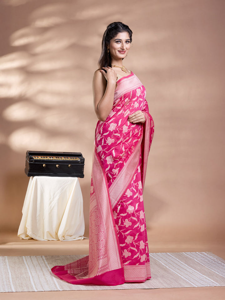 Rani Pink Resham Weave Mulmul Cotton Saree