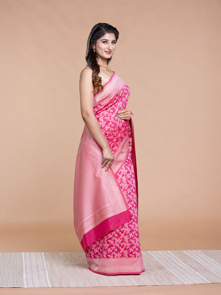 Rani Pink Resham Weave Mulmul Cotton Saree