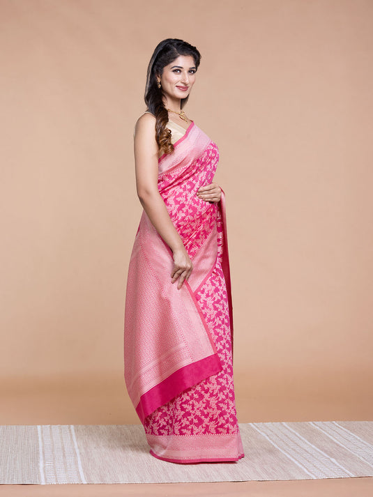 Rani Pink Resham Weave Banarasi Cotton Saree