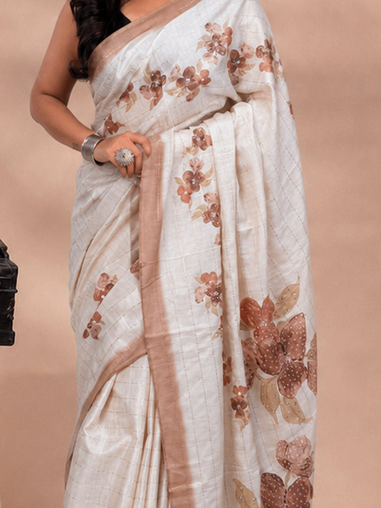 Beige Tussar Silk Printed Saree
