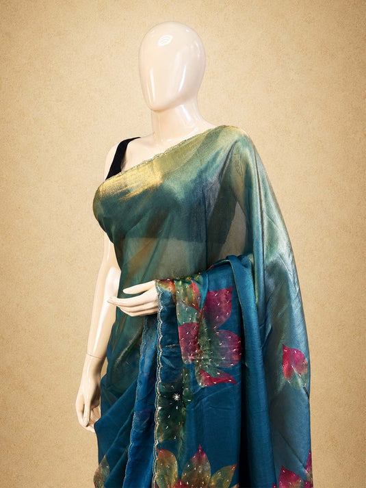Blue Satin Tissue Embroidered Saree
