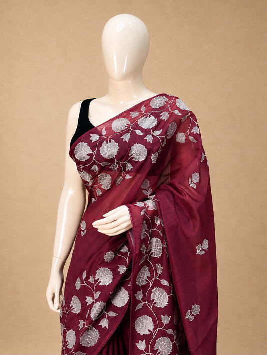 Maroon Chanderi Applique Work Saree