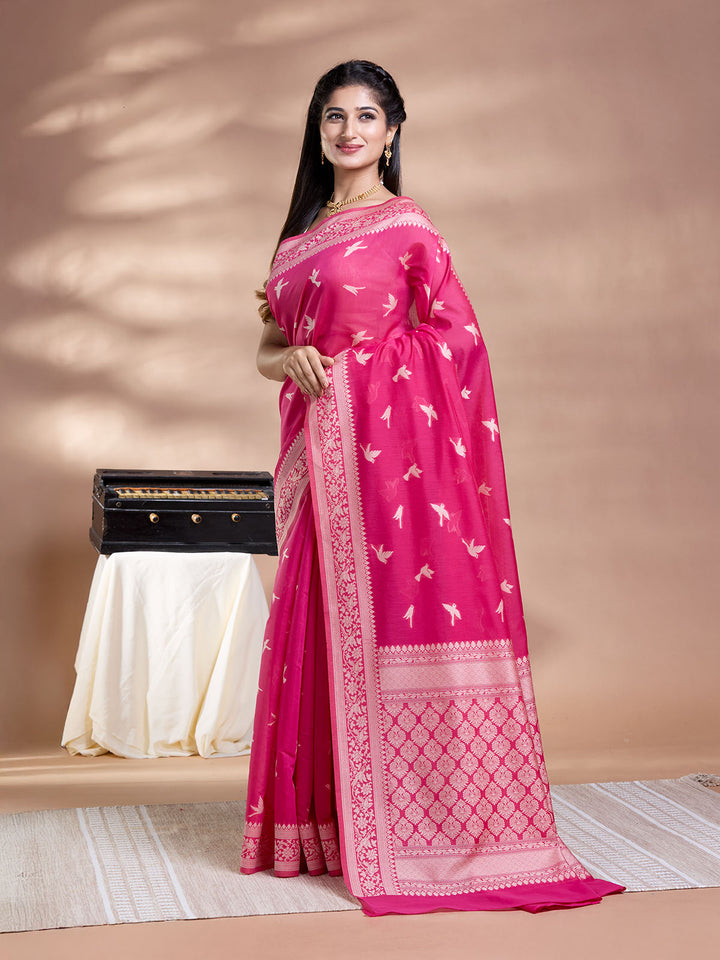 Rani Pink Resham Weave Mulmul Cotton Saree