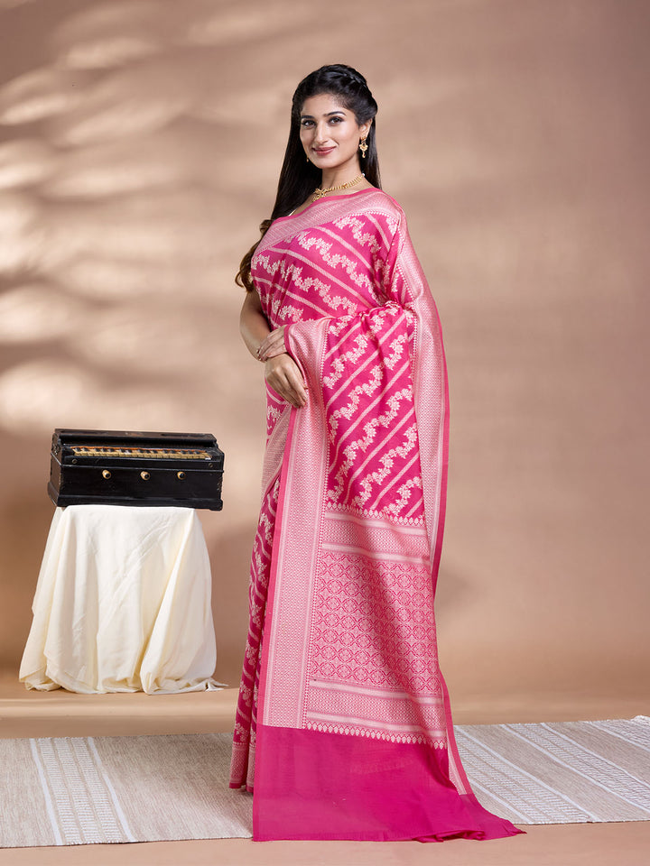 Pink Resham Weave Mulmul Cotton Saree