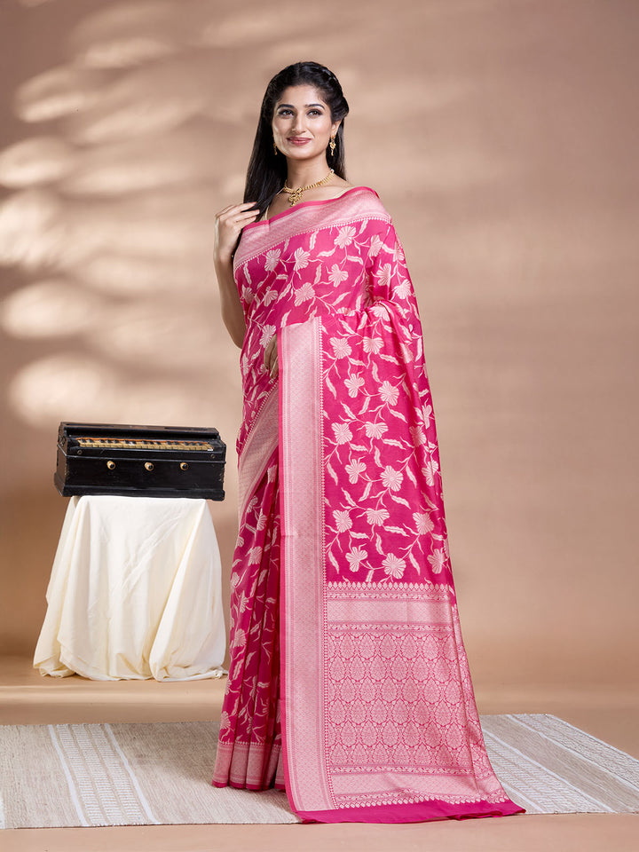 Rani Pink Resham Weave Mulmul Cotton Saree