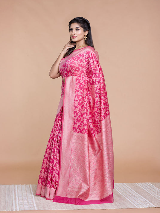 Rani Pink Resham Weave Banarasi Cotton Saree