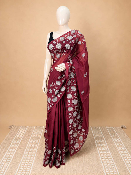 Maroon Chanderi Applique Work Saree