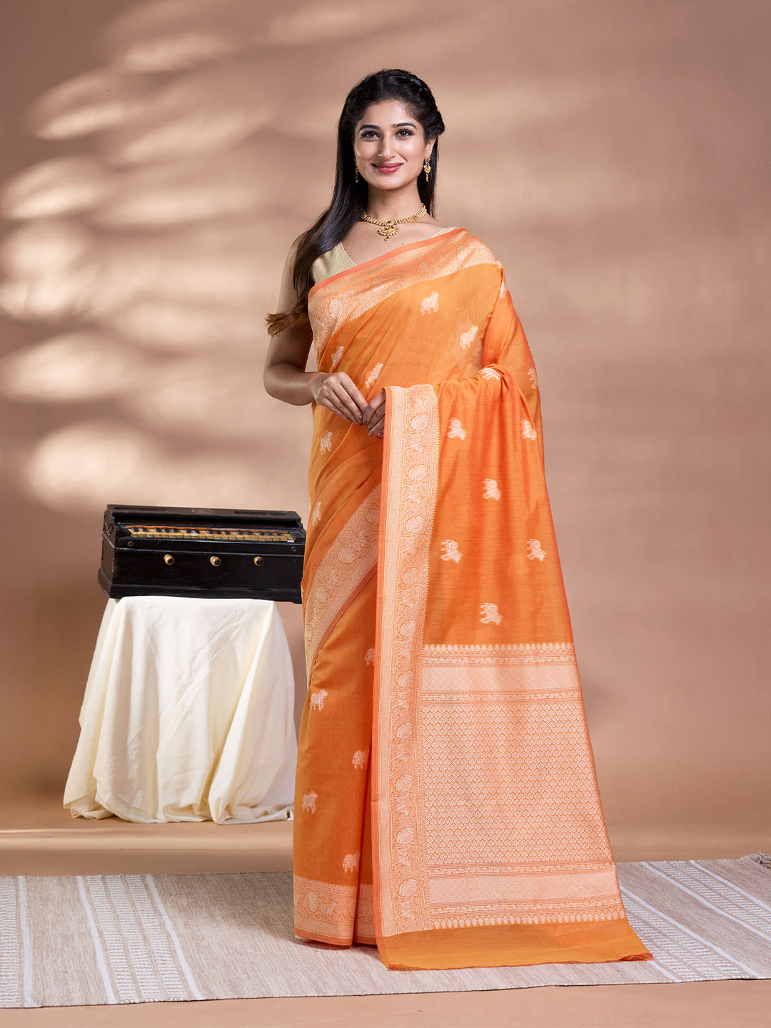 Orange Resham Weave Mulmul Cotton Saree_2