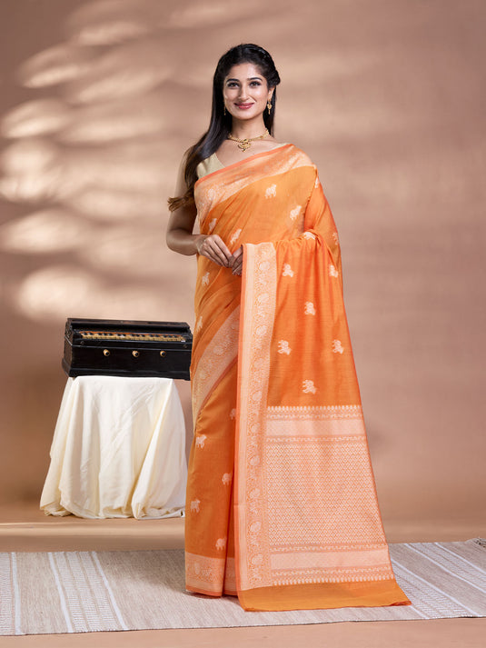 Orange Resham Weave Banarasi Cotton Saree
