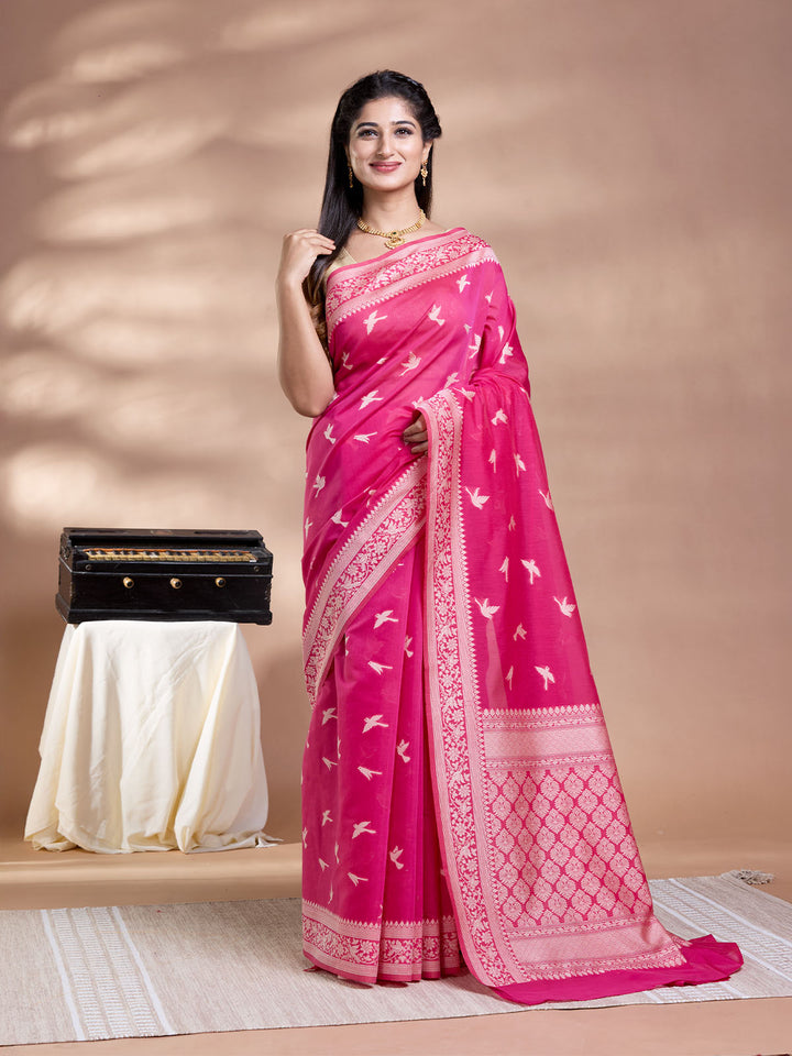 Rani Pink Resham Weave Mulmul Cotton Saree