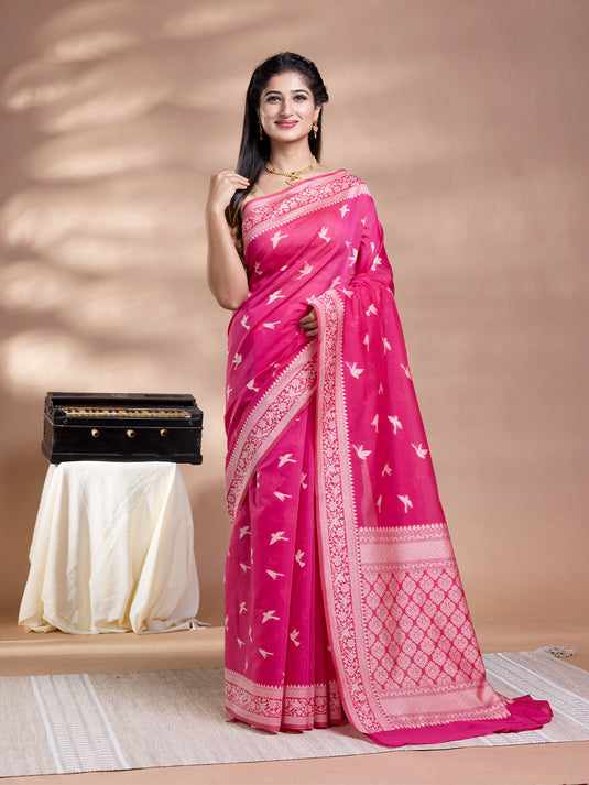 Rani Pink Resham Weave Banarasi Cotton Saree