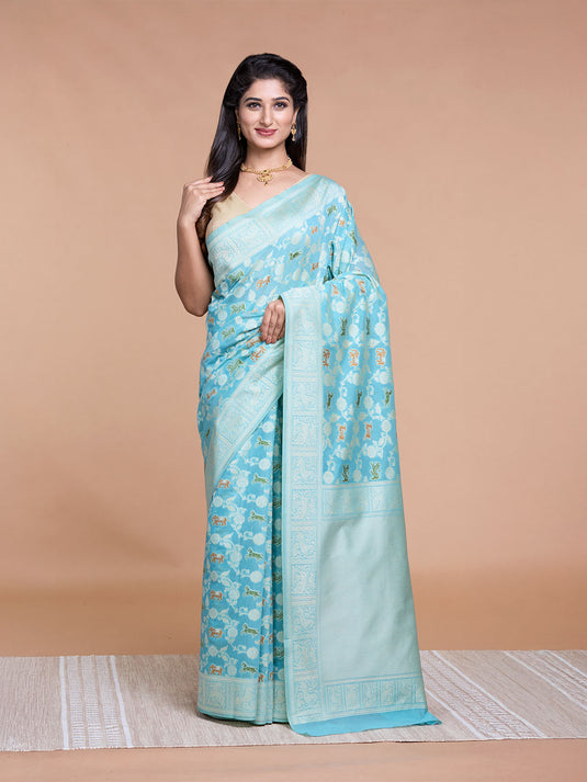 Firozi Resham Weave Banarasi Cotton Saree