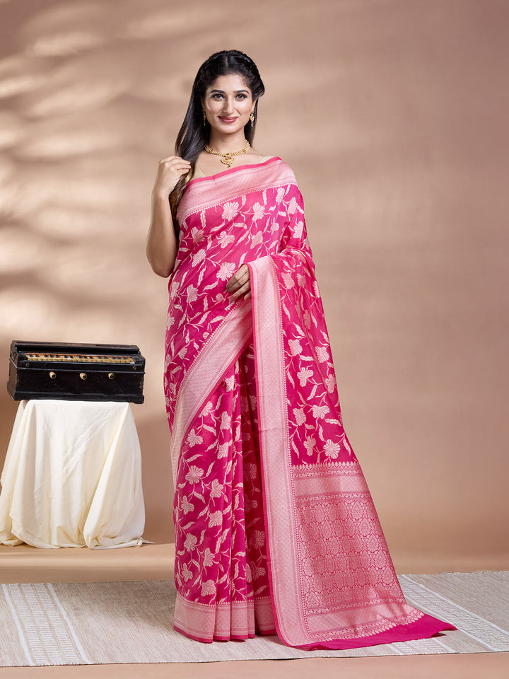 Rani Pink Resham Weave Mulmul Cotton Saree
