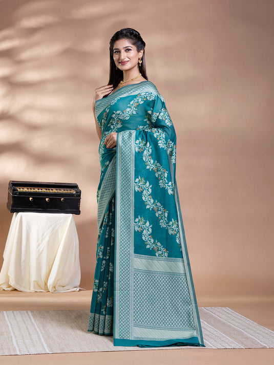 Green Resham Weave Mulmul Cotton Saree