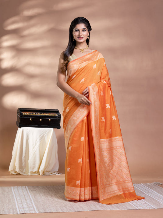 Orange Resham Weave Banarasi Cotton Saree