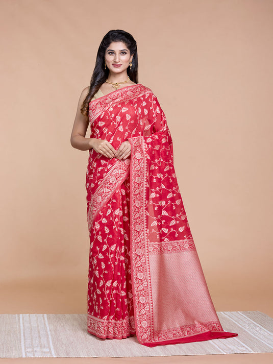 Red Resham Weave Mulmul Cotton Saree