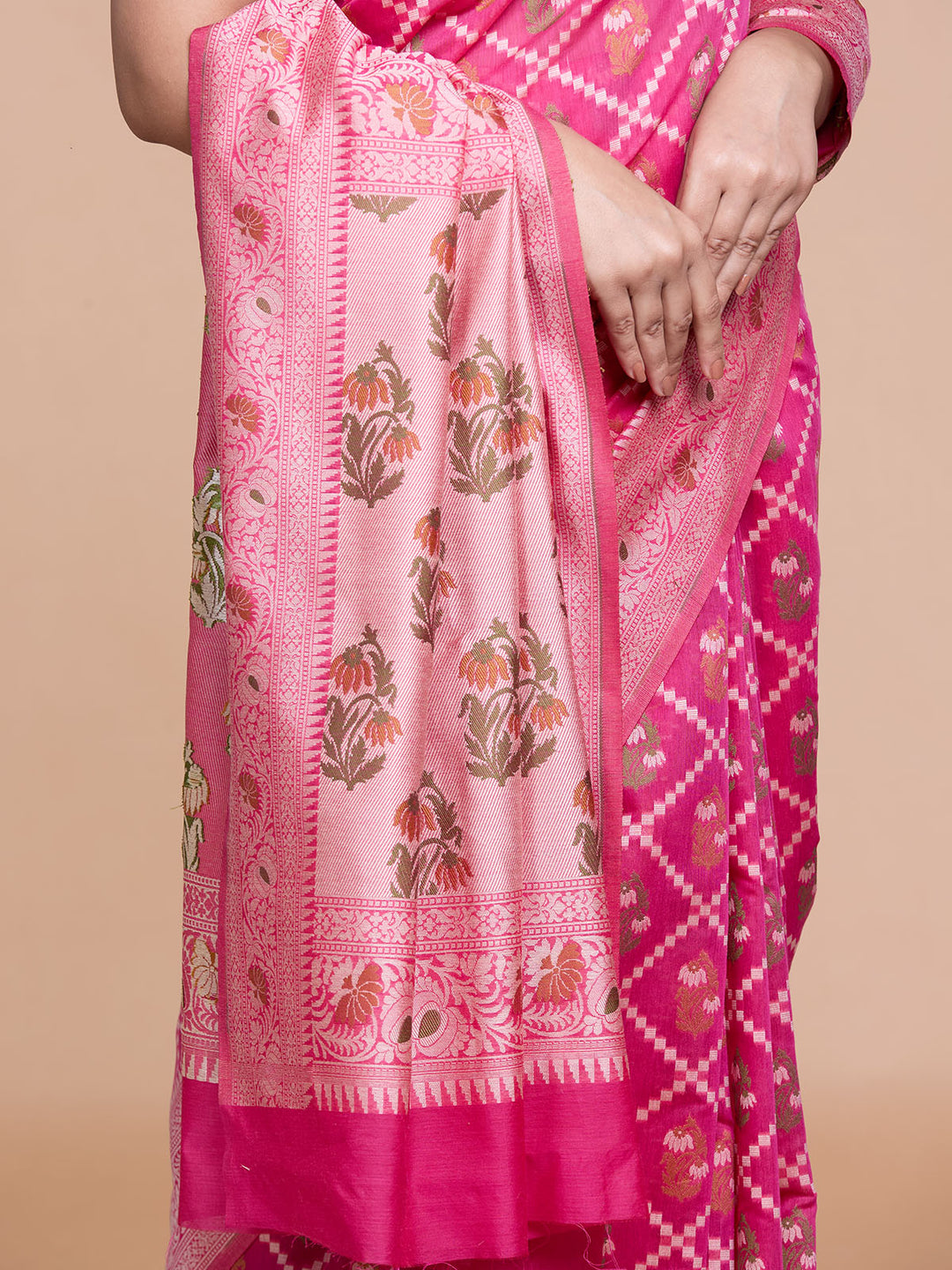 Rani Pink Resham Weave Mulmul Cotton Saree_5