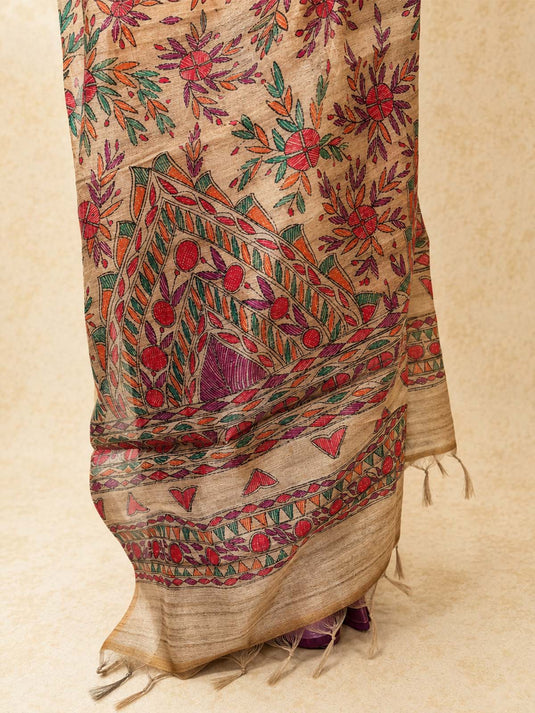 Magenta Tussar Printed Saree