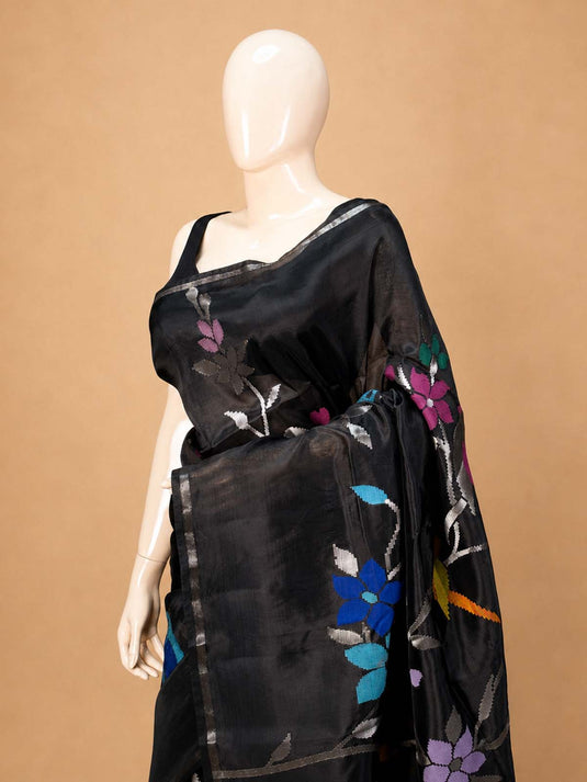 Black Paper Silk Zari Woven Saree