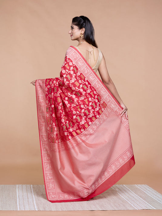 Red Resham Weave Banarasi Cotton Saree