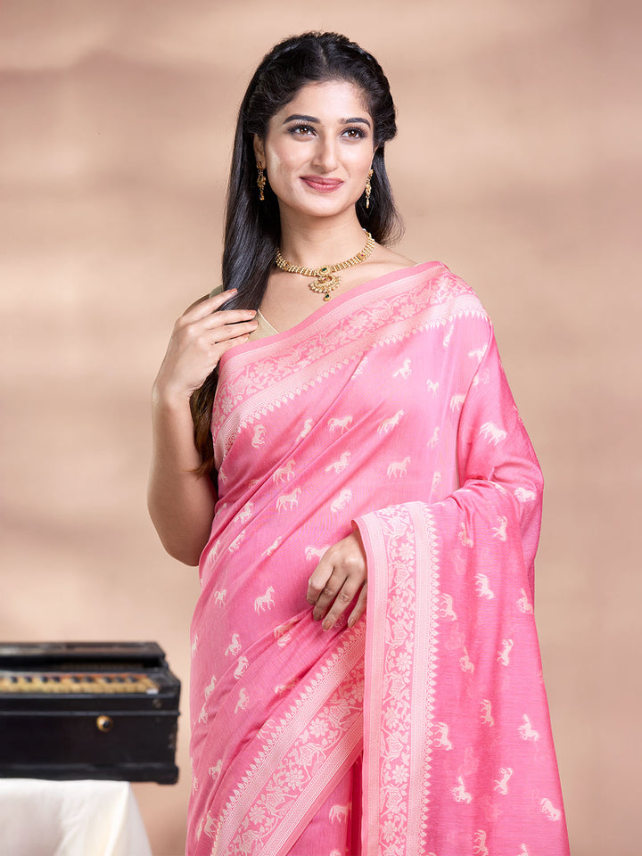 Pink Resham Weave Mulmul Cotton Saree