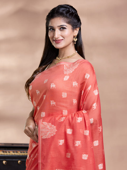 Orange Resham Weave Banarasi Cotton Saree