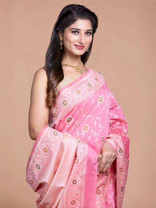Pink Resham Weave Banarasi Cotton Saree