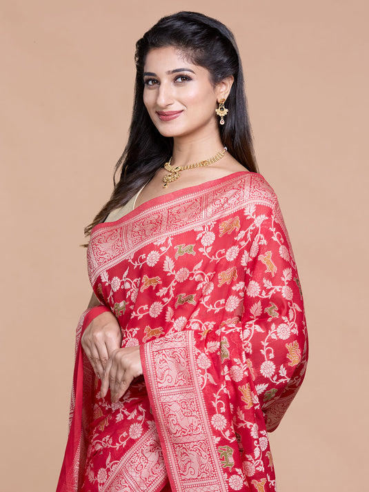 Red Resham Weave Banarasi Cotton Saree