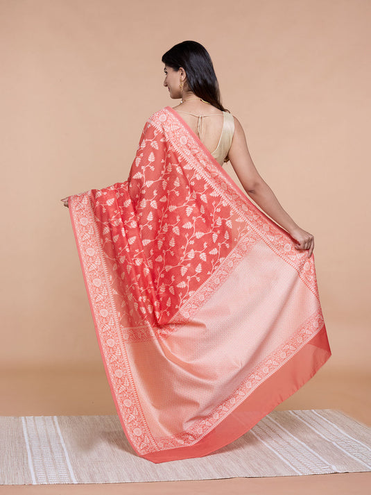 Rust Resham Weave Banarasi Cotton Saree