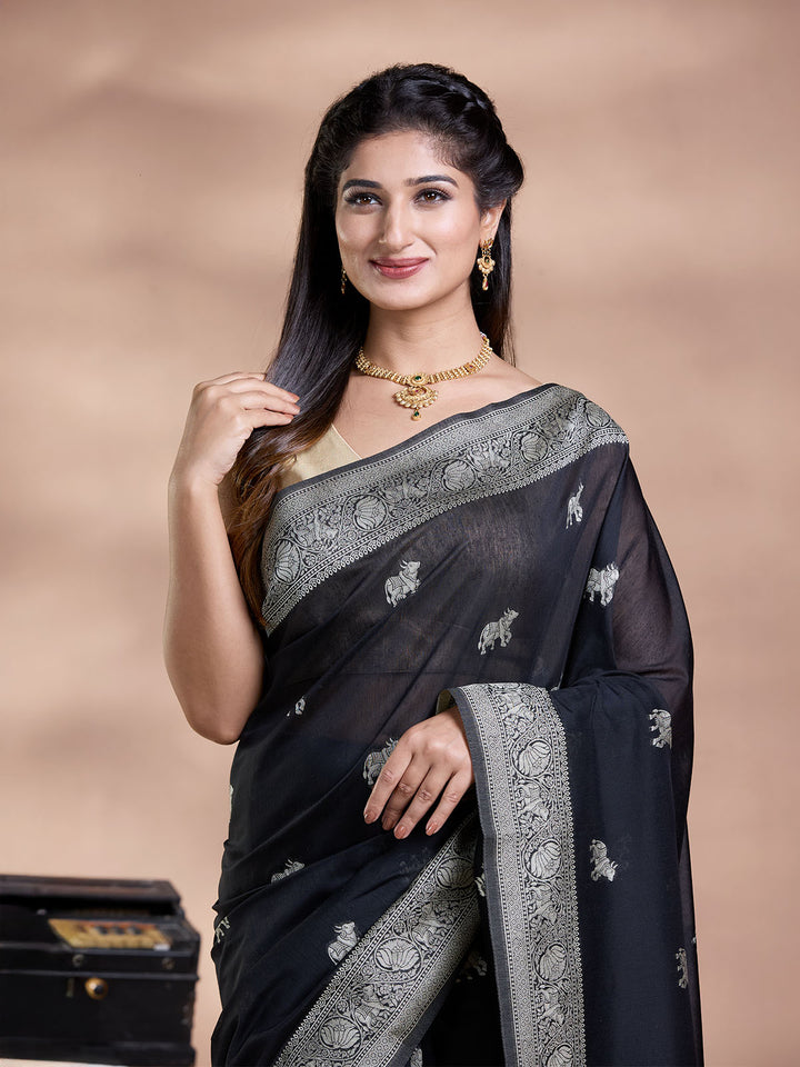 Black Resham Weave Mulmul Cotton Saree