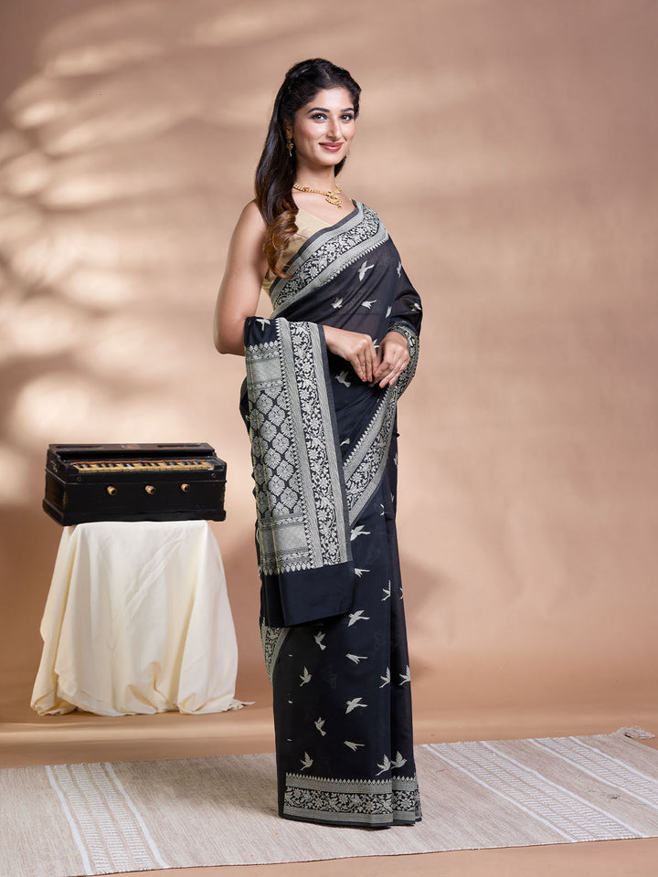 Black Resham Weave Mulmul Cotton Saree