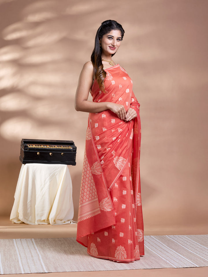 Orange Resham Weave Mulmul Cotton Saree