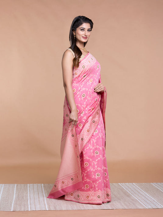 Pink Resham Weave Banarasi Cotton Saree