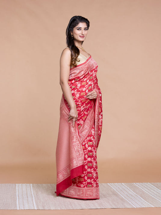 Red Resham Weave Banarasi Cotton Saree