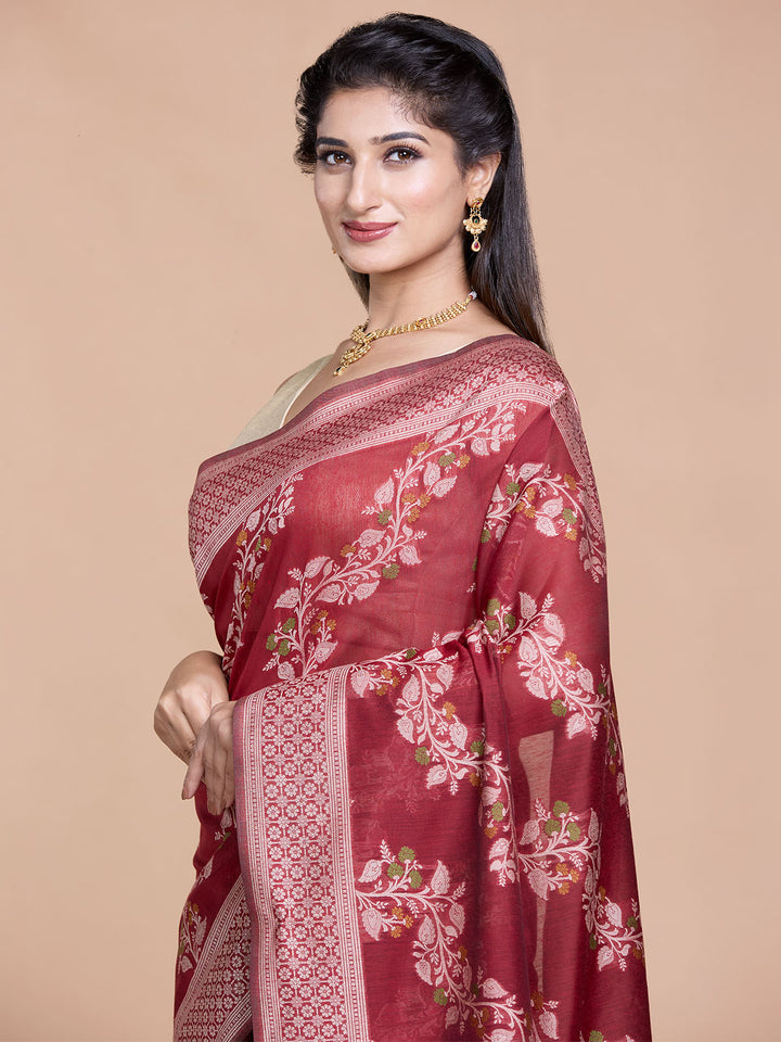 Maroon Resham Weave Mulmul Cotton Saree
