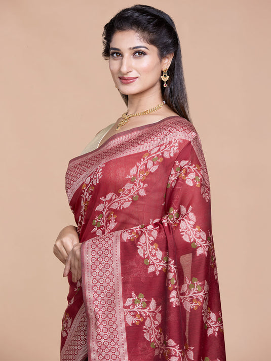 Maroon Resham Weave Banarasi Cotton Saree