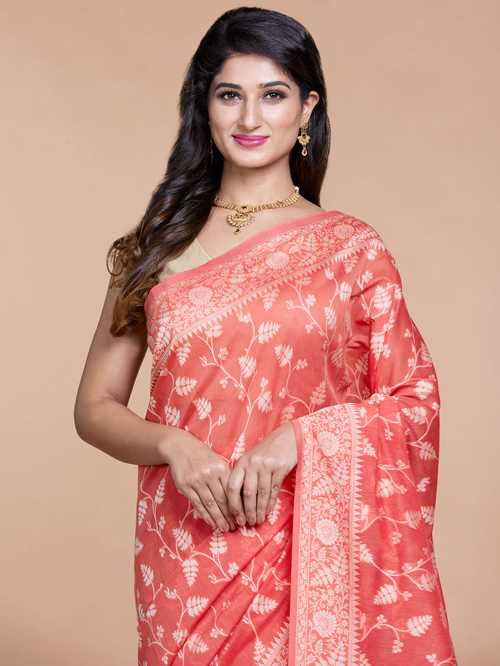 Rust Resham Weave Mulmul Cotton Saree