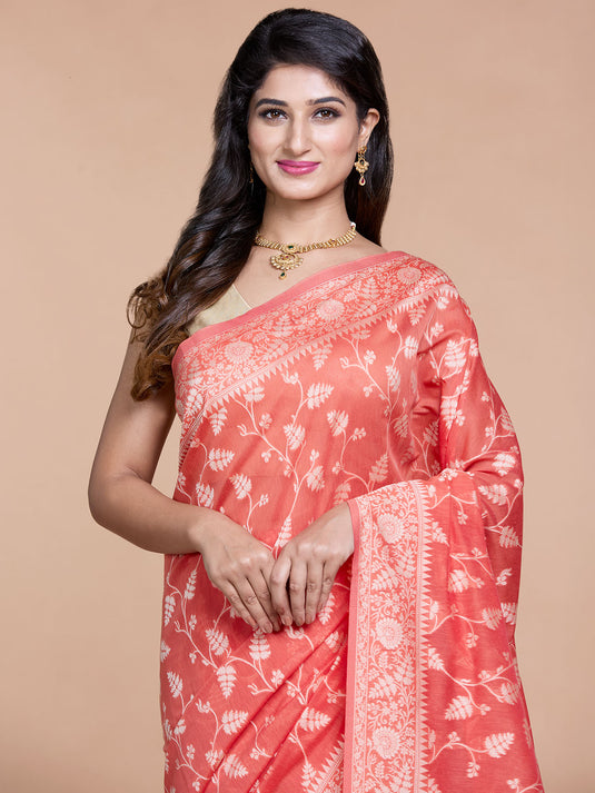 Rust Resham Weave Banarasi Cotton Saree