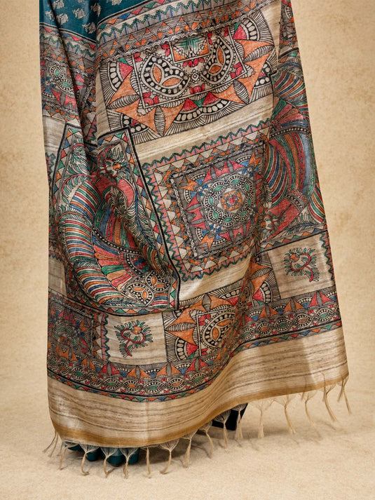 Blue Tussar Printed Saree