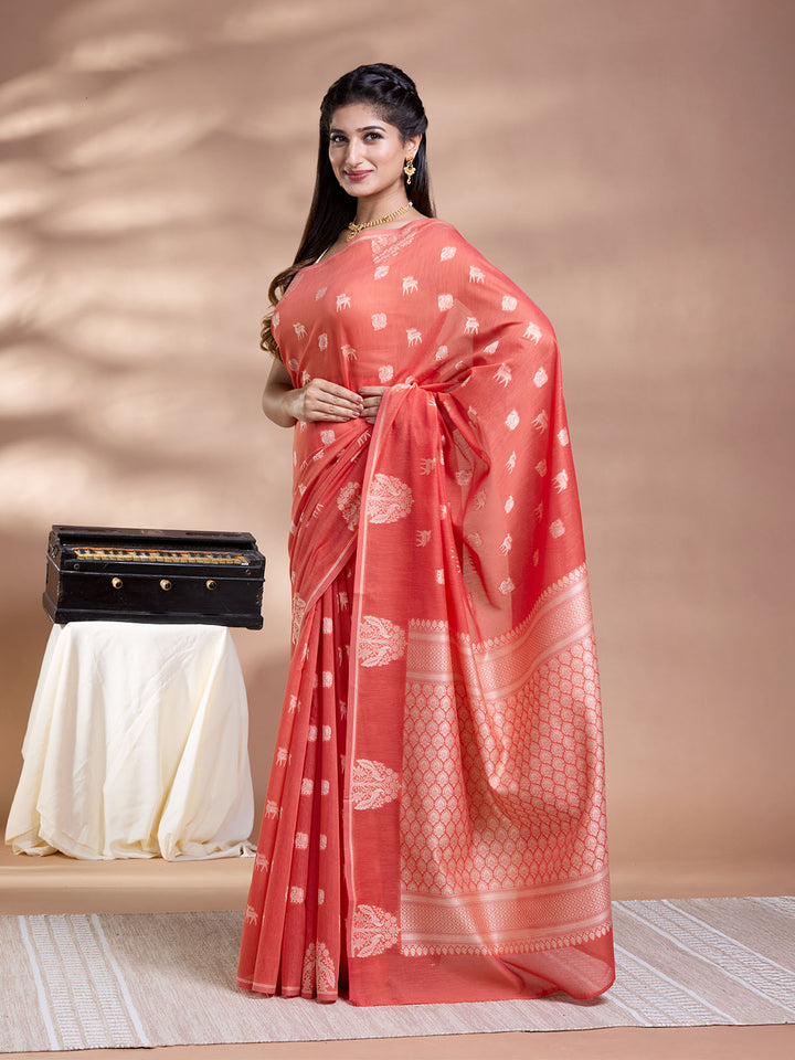 Orange Resham Weave Mulmul Cotton Saree
